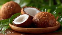 Fresh coconuts with white flesh on wooden plate surrounded by tropical green leaves with water droplets for healthy cooking and natural ingredients.