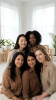 Five diverse women friends embracing and smiling together in bright modern living room with natural light and plants for friendship and sisterhood concepts.