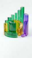 Colorful transparent glass geometric shapes and cylinders in green, yellow, purple hues isolated on white background for modern design projects.