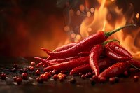 Fresh red hot chili peppers with water drops on dark background against fire flames and bokeh lights, dramatic food photography for restaurant menu design.