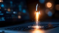 Glowing rocket launching from computer keyboard with sparkles and bokeh effect in dark background, symbolizing business startup and digital innovation.