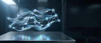 Glowing blue network hologram floating above a metallic surface in a dark tech environment, representing data flow and digital connectivity.