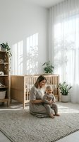 Young Caucasian mother sitting on floor rug with smiling toddler in bright Scandinavian-style nursery with wooden crib and plants.