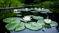 Water lilies and green lily pads floating on dark pond surface with water drops on leaves, creating tranquil nature scene in garden setting.