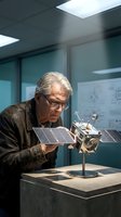 Senior male engineer with gray hair and glasses examining satellite model in modern laboratory with blue walls and technical blueprints, representing aerospace research and innovation.