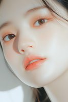 Close-up portrait of young Asian woman with flawless pale skin, coral lips, and natural makeup against light background, showing gentle facial features.
