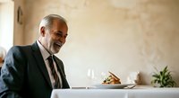 Mature male professional with gray hair and beard, Middle Eastern ethnicity, wearing formal black suit and tie, smiling while working at desk with laptop in modern office environment with minimalist decor.