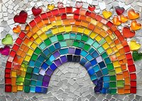 Vibrant mosaic rainbow with colorful heart shapes, created from glass tiles on textured white background. Artistic design combines spectrum colors in curved arch pattern.