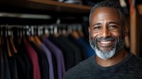 Confident mature African American man with gray beard wearing black t-shirt smiling at camera against blurred clothing store or wardrobe background.
