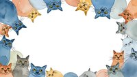 Colorful watercolor cats frame border with white center space for text, featuring various feline faces in blue, orange, gray tones for pet-themed designs.