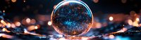 Crystal ball with glowing blue energy patterns against dark background with bokeh lights, creating mystical atmosphere for fortune telling concept.