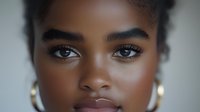 Close up portrait of young African American woman with natural makeup, gold hoop earrings and glowing skin looking directly at camera with confident expression.