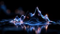 Glowing mountain range silhouette with neon light reflections on dark water surface creates futuristic nighttime landscape with luminous peaks and valleys.