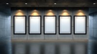 Five illuminated blank white frames mounted on gray concrete wall with spotlights creating dramatic gallery exhibition space atmosphere. Modern minimalist interior design.