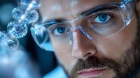 Close up portrait of bearded scientist in protective eyewear examining molecular structure visualization. Blue toned laboratory research concept.