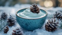 Cozy winter scene with hot chocolate topped with whipped cream in turquoise ceramic bowl, pine cones and snowy evergreen branches creating festive holiday atmosphere.