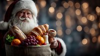 Senior man in traditional red and white holiday costume holding burlap sack with fresh bread, fruits and vegetables against blurred festive bokeh lights background.