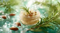 Homemade organic body scrub with rosemary and almonds in glass jar on turquoise background with water drops, natural skincare concept.