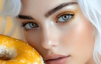 Close up portrait of young woman with platinum blonde hair and bright blue eyes wearing orange eyeshadow makeup holding glazed donut near face.