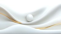 Minimalist white pearl on silky fabric with golden waves creating elegant luxury composition. Soft curves and gentle shadows form abstract background.