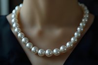 Elegant white pearl necklace on mannequin display against dark background, showcasing classic round pearls with lustrous finish and delicate sheen.
