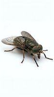 Closeup of a green metallic fly with large compound eyes and transparent wings isolated on white background, suitable for educational and design purposes.