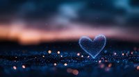 Glowing blue heart shape on dark surface with bokeh lights and dreamy sunset sky background creates romantic atmospheric mood. Perfect for Valentine designs.