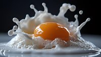 Raw egg yolk with white splashing on light surface against dark background, high-speed macro photography capturing liquid motion and droplets in sharp detail.