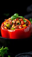 Fresh red bell pepper stuffed with seasoned ground meat, colorful vegetables and topped with basil leaves, served in cast iron skillet on dark background.