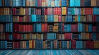 Vintage library shelves filled with colorful hardcover books in blue, red, and gold tones against wooden floor, creating atmospheric academic backdrop.