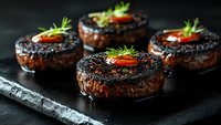 Grilled beef medallions with black pepper crust, topped with fresh herbs and cherry tomatoes served on dark stone plate. Luxury restaurant dish concept.