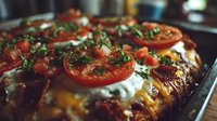 Homemade pizza with fresh tomato slices, herbs and melted cheese baked to golden perfection in rustic kitchen setting for food blogs and recipes.