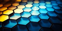 Abstract hexagonal background with blue and gold metallic cells creating dynamic technological pattern. Modern geometric structure with depth and lighting effects.
