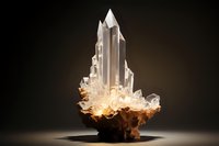 Glowing crystal cluster with translucent quartz points emerging from illuminated brown base against dark background, creating dramatic mineral specimen display.