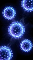 Blue glowing virus particles floating in dark space with luminous spikes and corona proteins for medical research and healthcare education concepts.