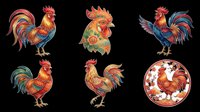 Colorful rooster illustrations isolated on transparent background. Decorative poultry designs ready for t-shirts, clipart, stickers, sublimation, and print-on-demand products.