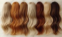 Different shades of wavy hair swatches arranged in row showing natural blonde, red, and brunette color variations on neutral background. For salon and beauty industry.