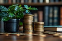 Growing plant next to stacked coins on wooden desk with blurred bookshelf background symbolizes financial growth, investment and sustainable wealth management.
