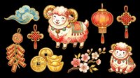 Lunar new year decorative elements collection featuring traditional symbols including cute sheep character, red lanterns, gold coins, plum blossoms, ornamental knots and tassels. Isolated on transparent background, ready for t-shirt design, clipart, stickers, sublimation and print-on-demand projects.