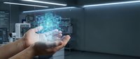 Hand holding glowing digital cube with holographic data visualization in modern tech laboratory environment, representing innovation, artificial intelligence, and future technology solutions.