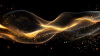 Glowing golden waves with sparkling particles flow against dark background creating magical light effect for luxury design and festive decoration.