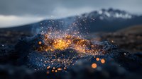 Dramatic explosion of bright orange sparks against dark mountain landscape at dusk, creating magical light effect with bokeh and motion blur for atmospheric mood.