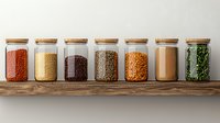 Glass jars with colorful legumes, grains, seeds and spices arranged in row on wooden shelf against white wall, minimalist pantry organization.