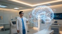 Male doctor in white coat interacts with glowing holographic brain in futuristic medical lab, showcasing AI-powered neural data systems.