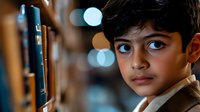 Young South Asian boy with expressive brown eyes gazes intently at glowing screen, illuminated by soft bokeh lights in background, capturing childhood curiosity in digital age.