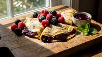 Delicious crepes filled with berry jam served on wooden board with fresh raspberries, blackberries and mint garnish for breakfast or dessert menu.