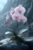 Pink orchid phalaenopsis blooming on mossy rock with waterfall background in natural mountain setting for spa and wellness concepts.