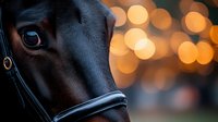 Close-up portrait of dark bay horse eye and muzzle against blurred warm bokeh lights background, artistic equine photography with shallow depth of field.