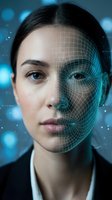 Young businesswoman with digital facial recognition grid overlay showcasing biometric security technology and artificial intelligence scanning system.