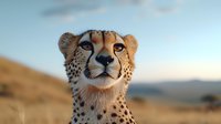 Majestic cheetah head portrait in natural savanna habitat against blurred background, close up view of spotted wild cat face with distinctive markings and amber eyes.